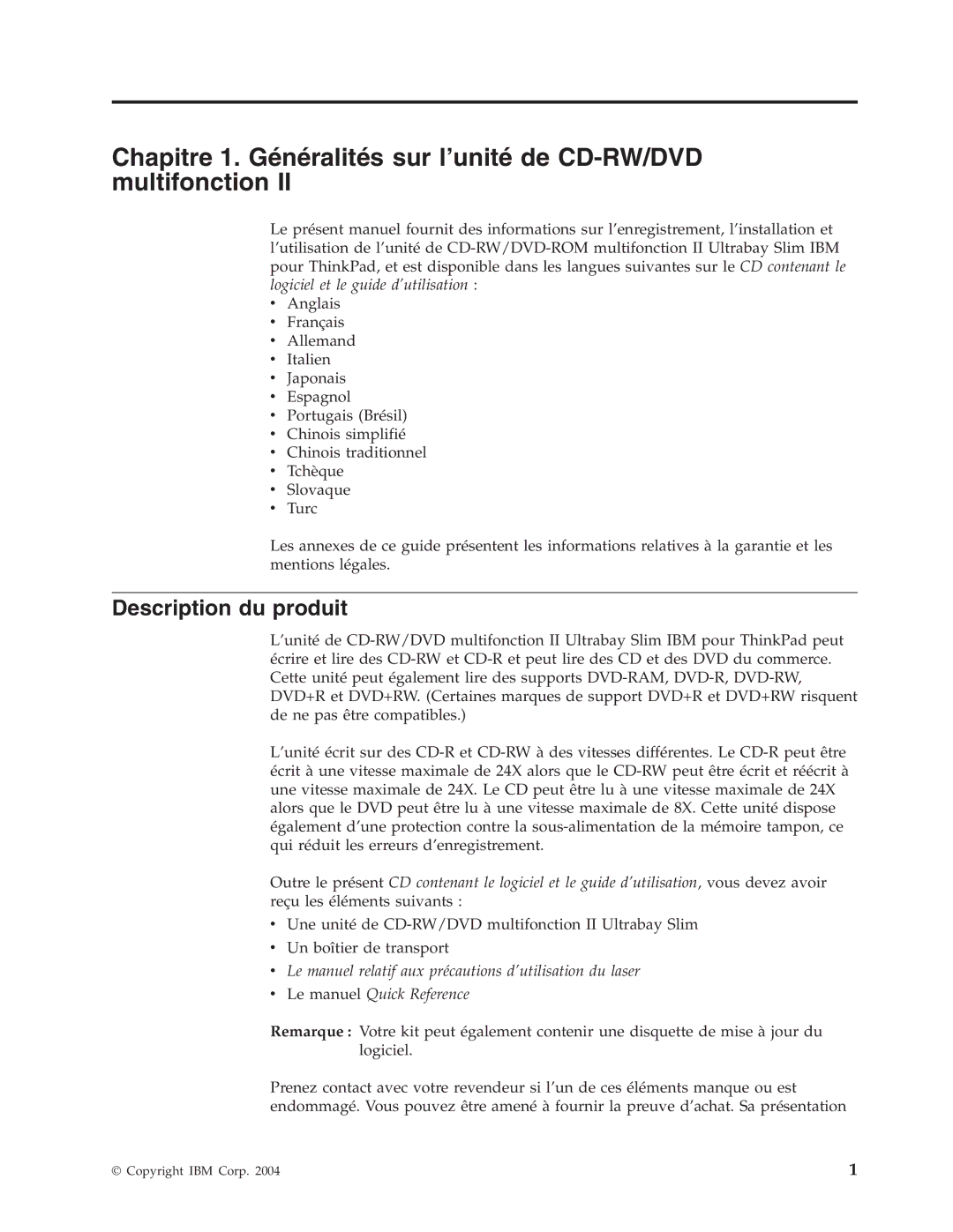 IBM 73P3292 manual Description du produit 