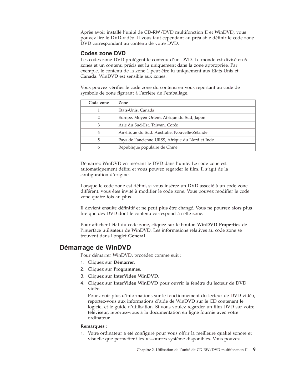 IBM 73P3292 manual Démarrage de WinDVD, Cliquez sur InterVideo WinDVD, Remarques 