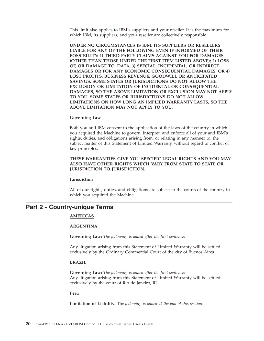 IBM 73P3292 manual Part 2 Country-unique Terms, Americas Argentina, Brazil 