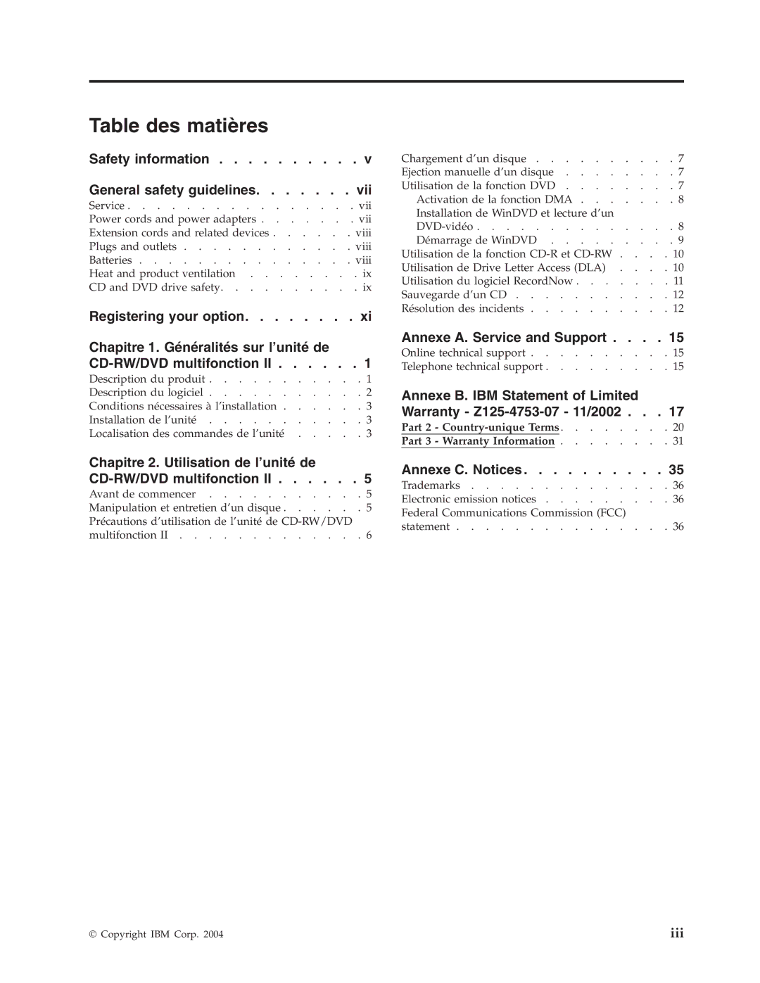 IBM 73P3292 manual Table des matières 