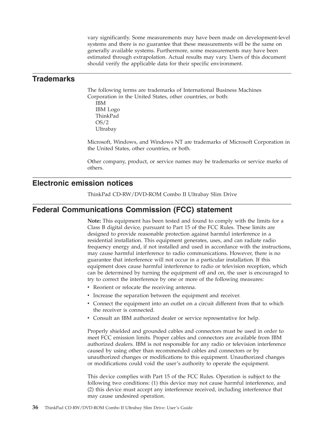 IBM 73P3292 manual Trademarks, Electronic emission notices, Federal Communications Commission FCC statement 