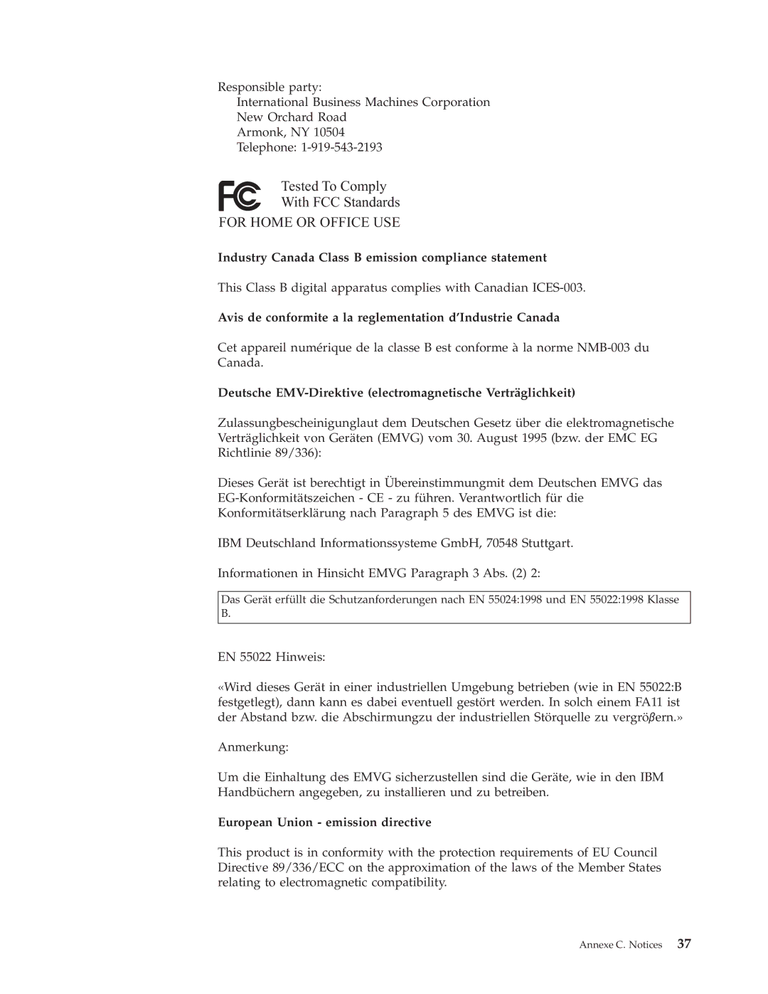 IBM 73P3292 manual Industry Canada Class B emission compliance statement, European Union emission directive 