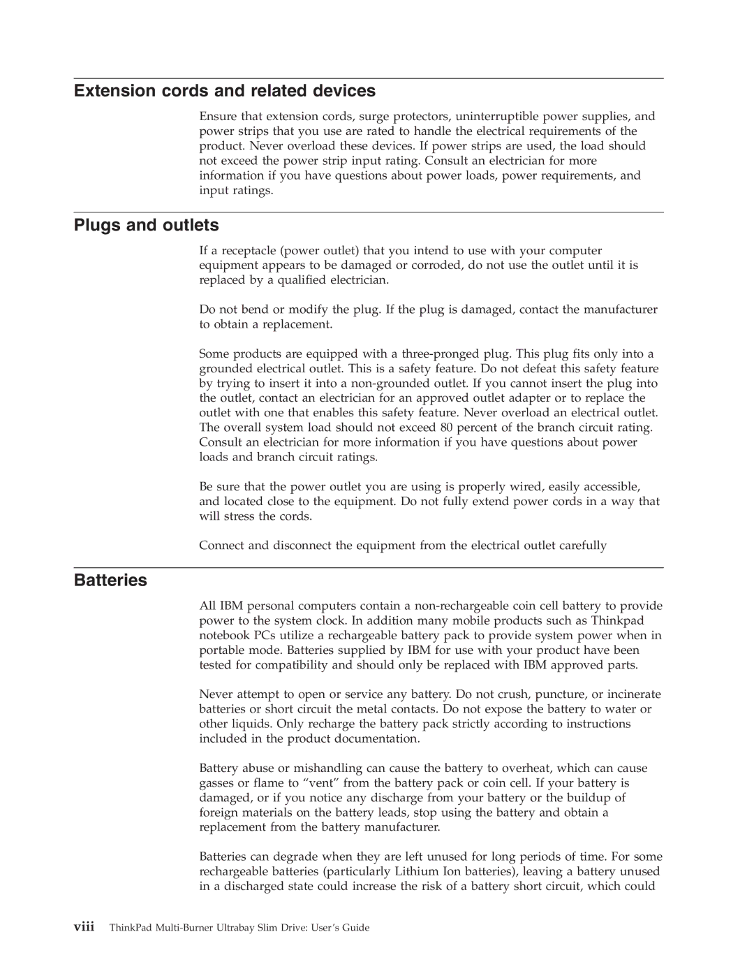 IBM 73P3297 manual Extension cords and related devices, Plugs and outlets, Batteries 