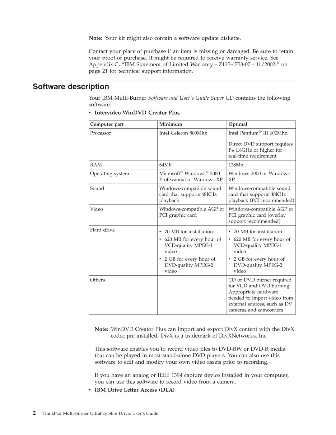 IBM 73P3297 manual Software description, Intervideo WinDVD Creator Plus, IBM Drive Letter Access DLA 