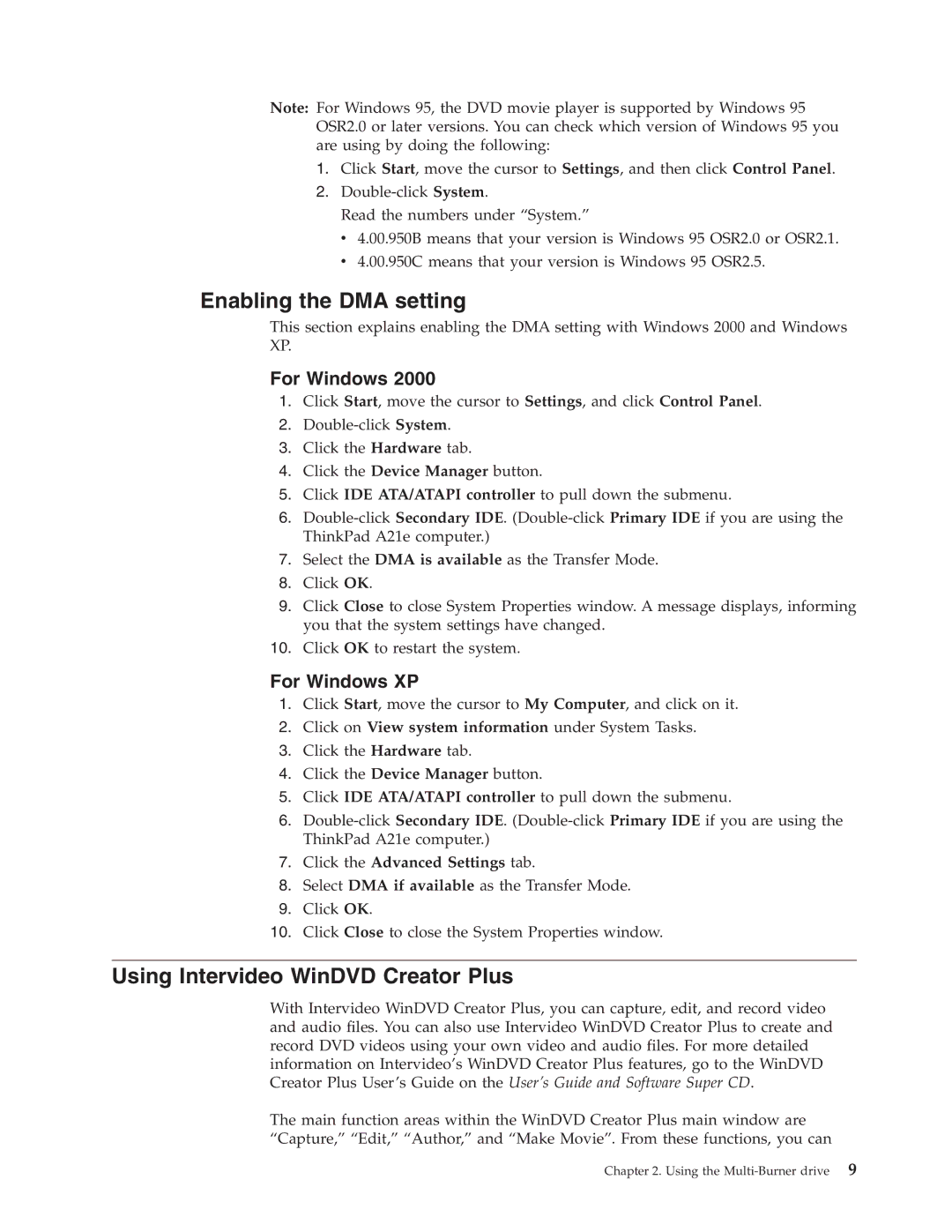 IBM 73P3297 manual Enabling the DMA setting, Using Intervideo WinDVD Creator Plus, Click the Advanced Settings tab 