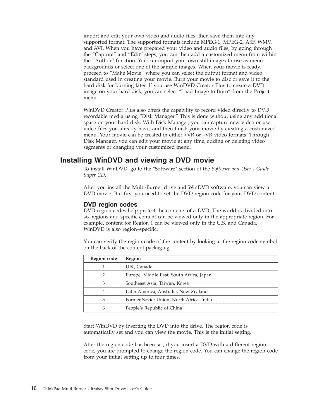 IBM 73P3297 manual Installing WinDVD and viewing a DVD movie, DVD region codes 