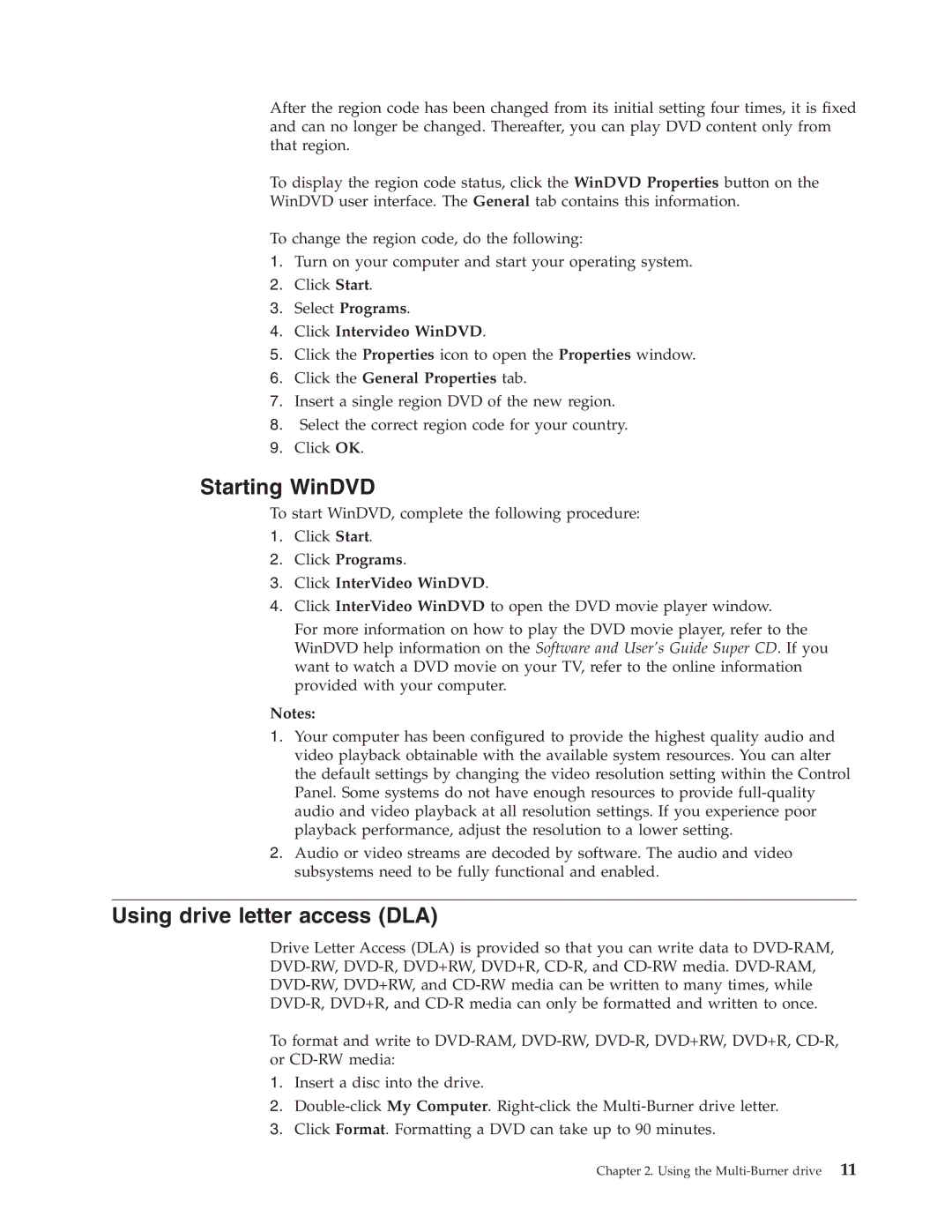 IBM 73P3297 Starting WinDVD, Using drive letter access DLA, Click Intervideo WinDVD, Click the General Properties tab 