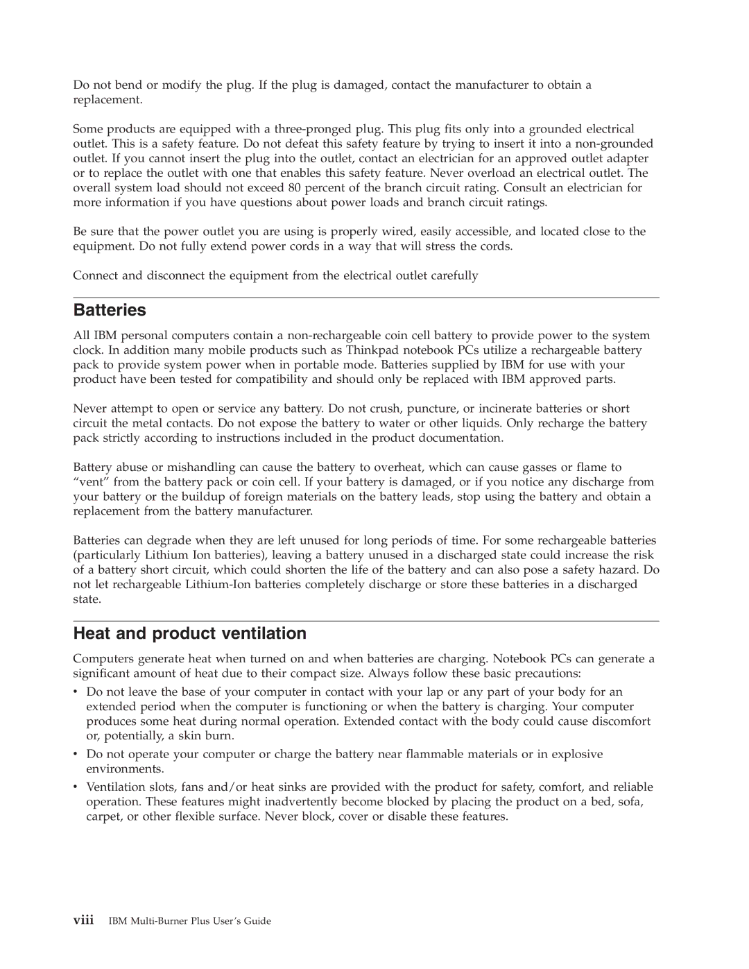 IBM 73P3309 manual Batteries, Heat and product ventilation 