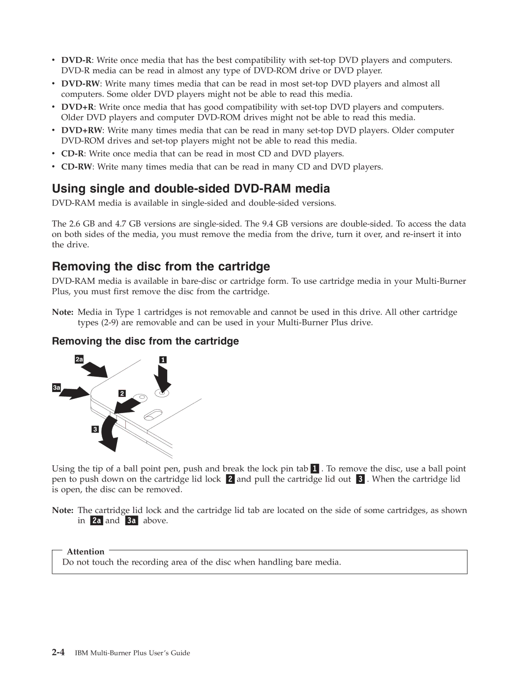 IBM 73P3309 manual Using single and double-sided DVD-RAM media, Removing the disc from the cartridge 