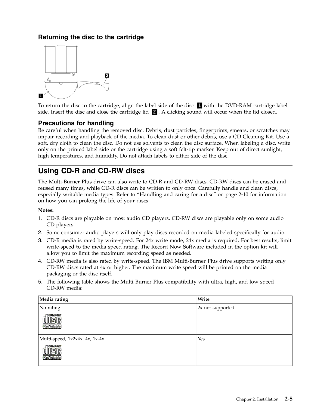 IBM 73P3309 manual Using CD-R and CD-RW discs, Returning the disc to the cartridge 