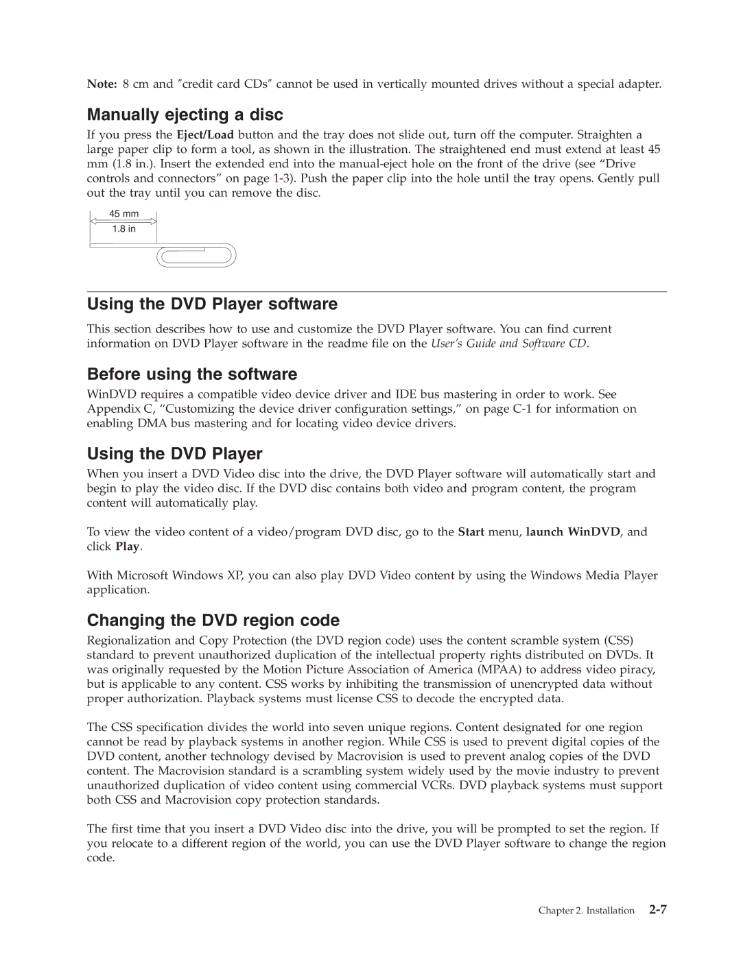 IBM 73P3309 manual Manually ejecting a disc, Using the DVD Player software, Before using the software 