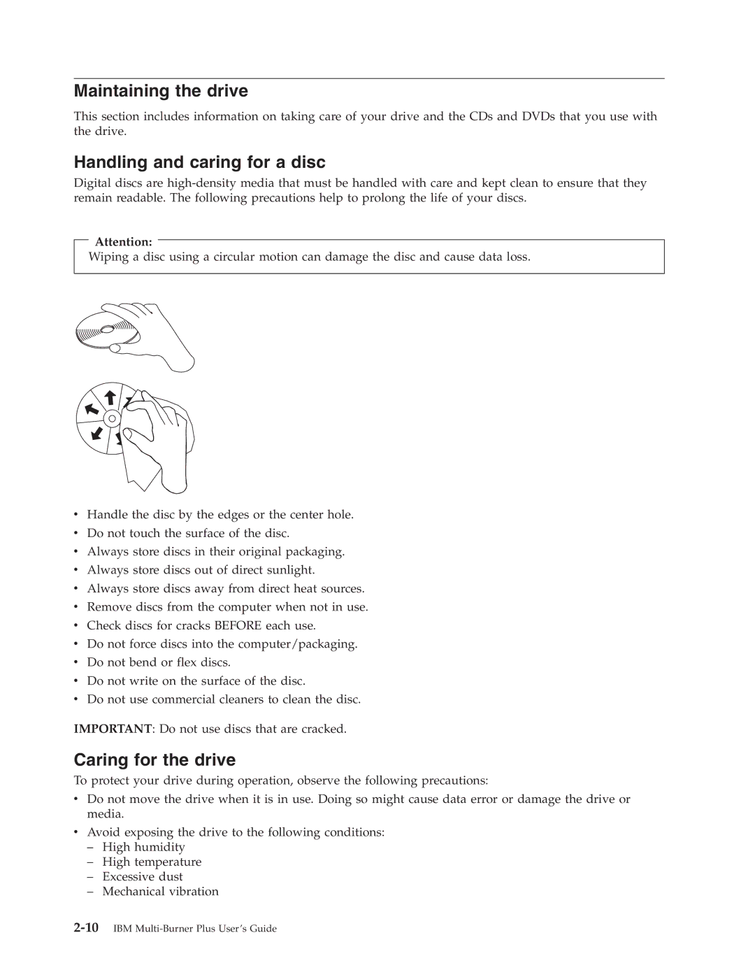 IBM 73P3309 manual Maintaining the drive, Handling and caring for a disc, Caring for the drive 