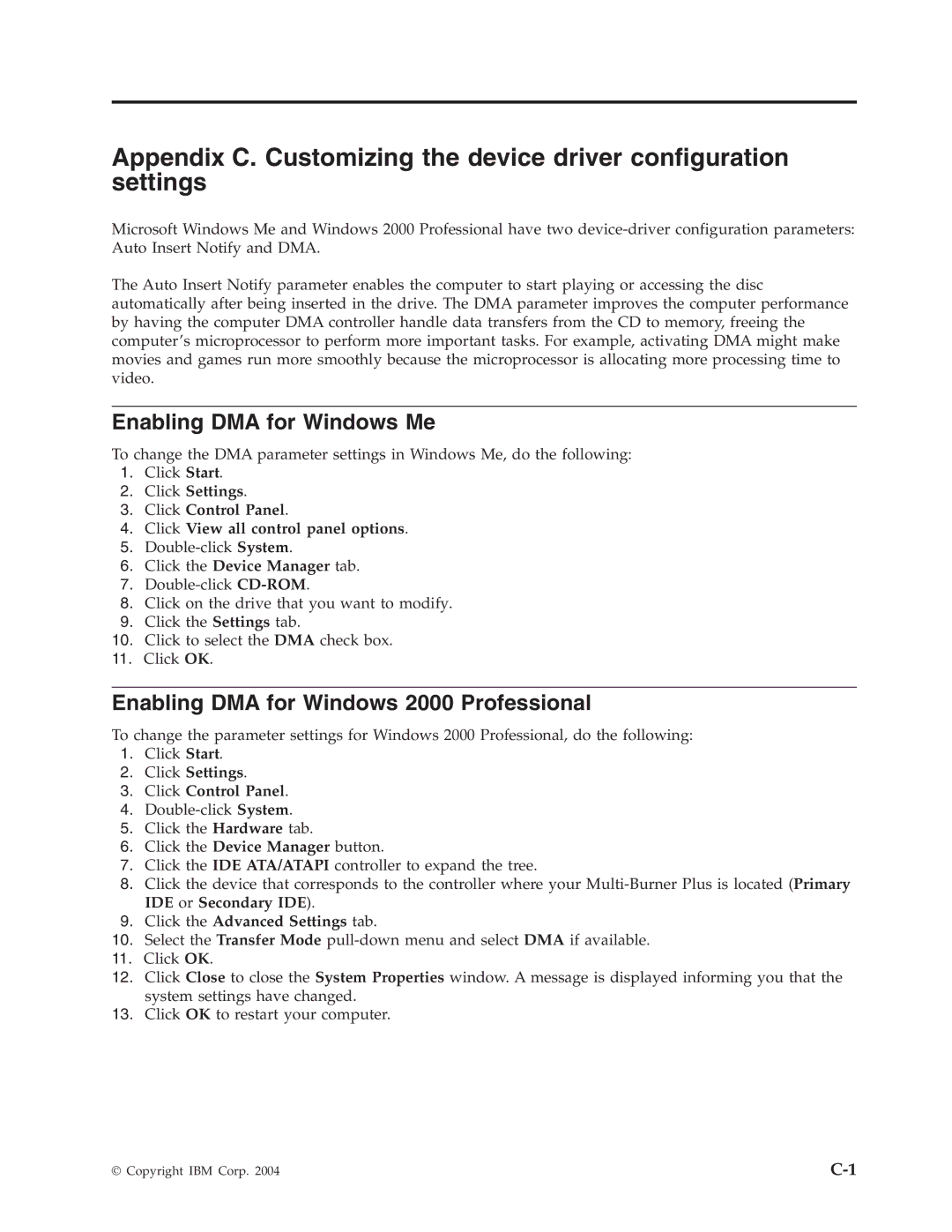 IBM 73P3309 manual Enabling DMA for Windows Me, Enabling DMA for Windows 2000 Professional, Click the Device Manager tab 