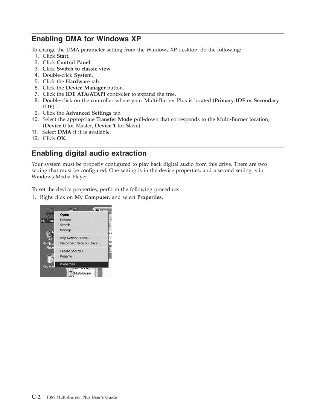 IBM 73P3309 manual Enabling DMA for Windows XP, Enabling digital audio extraction 