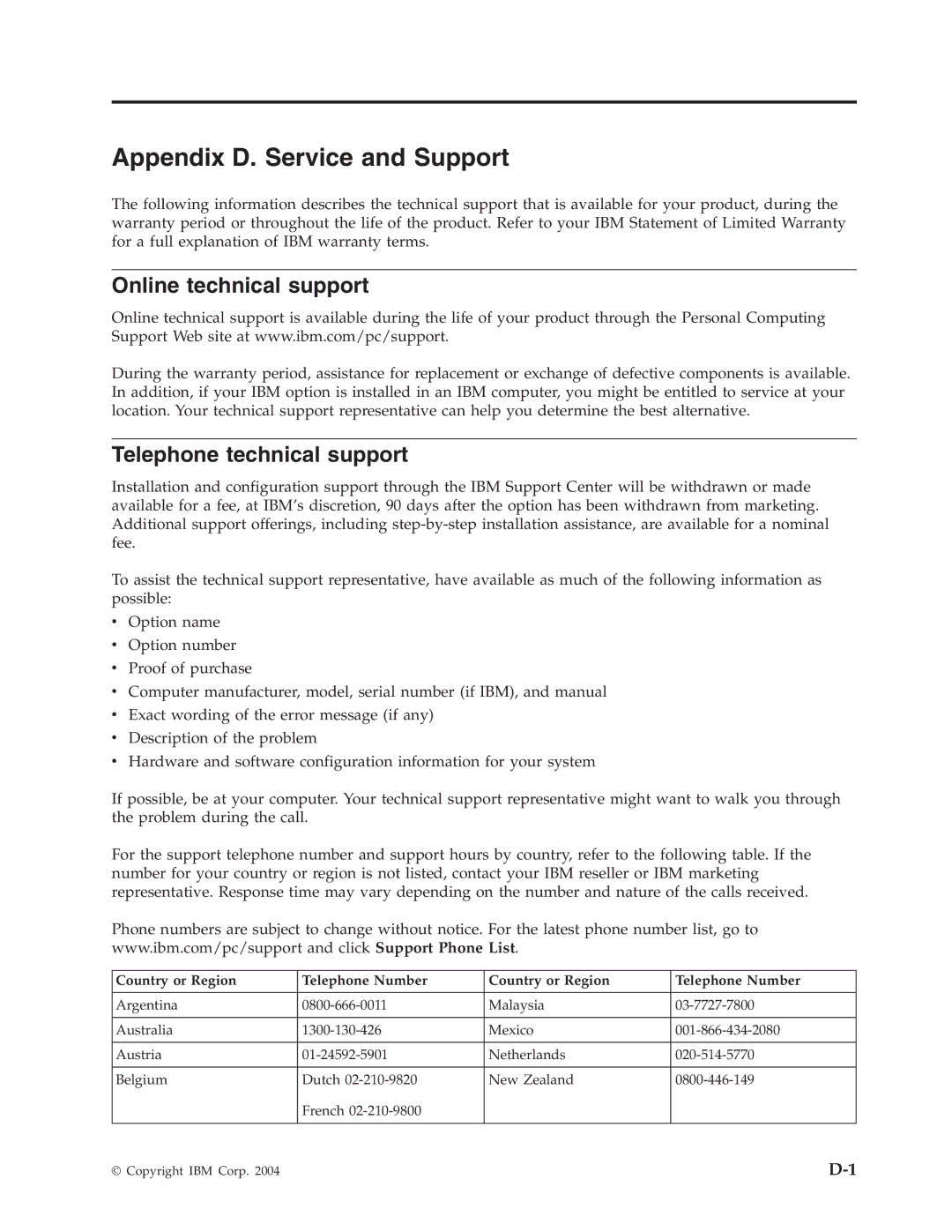 IBM 73P3309 manual Appendix D. Service and Support, Online technical support, Telephone technical support 