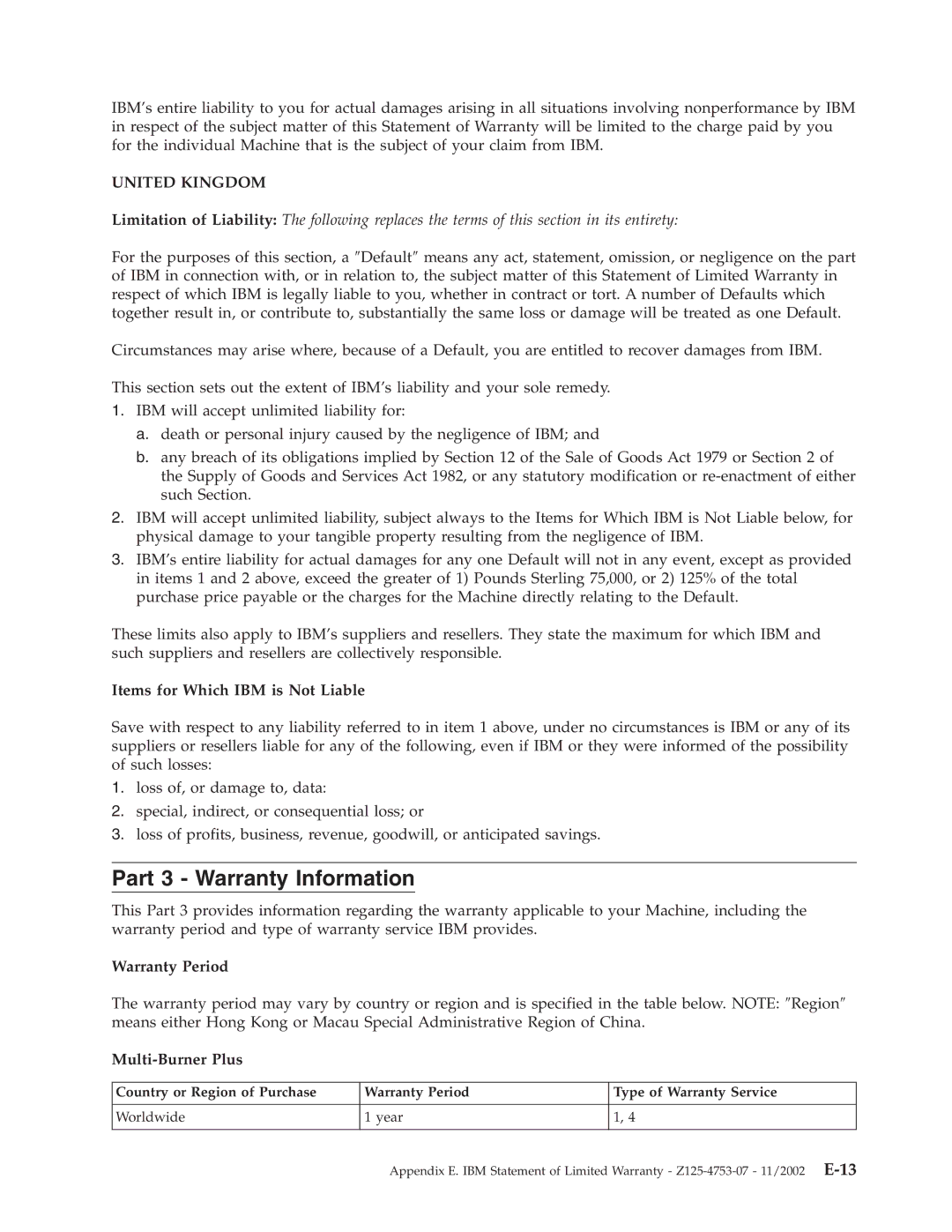 IBM 73P3309 manual Part 3 Warranty Information, Warranty Period, Multi-Burner Plus 