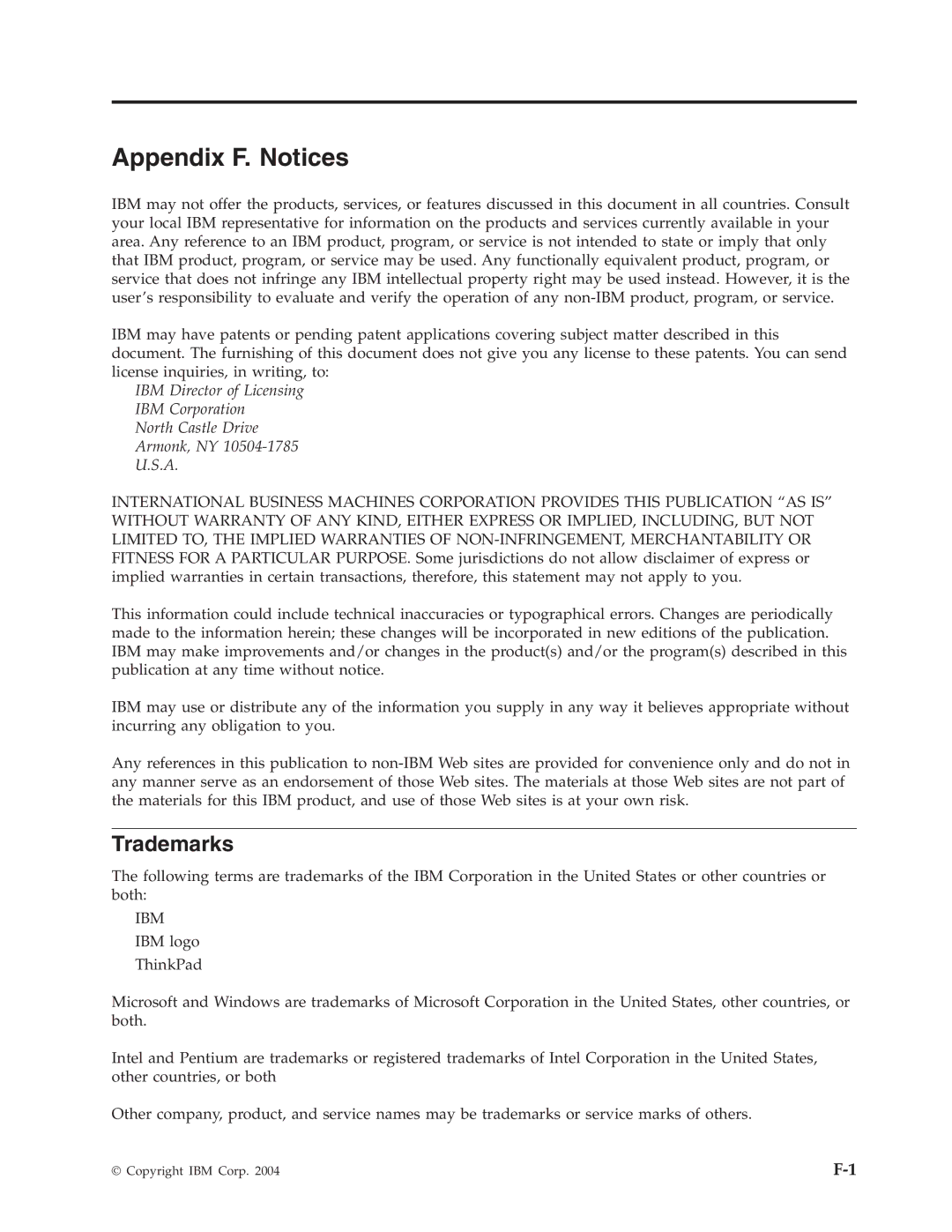 IBM 73P3309 manual Appendix F. Notices, Trademarks 