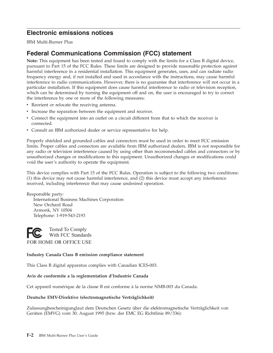 IBM 73P3309 manual Electronic emissions notices, Federal Communications Commission FCC statement 