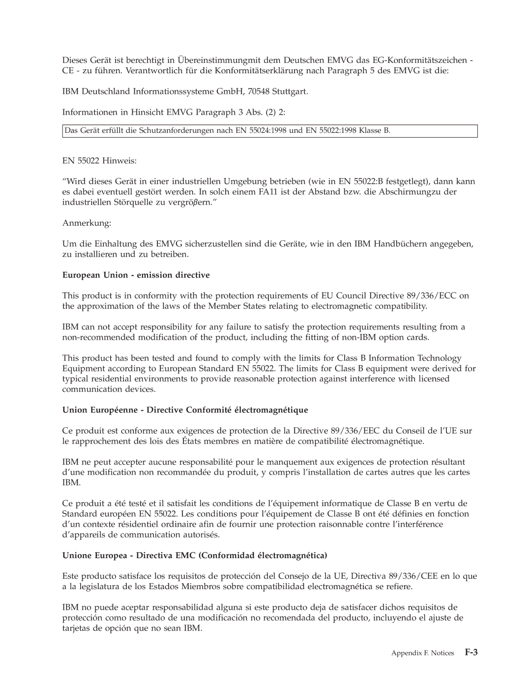 IBM 73P3309 manual European Union emission directive, Union Européenne Directive Conformité électromagnétique 