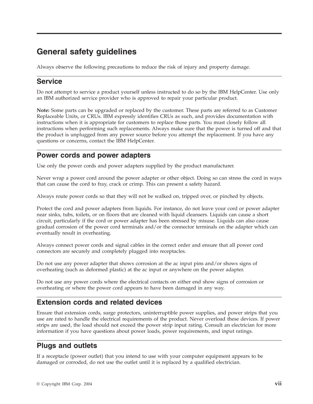 IBM 73P3309 manual General safety guidelines, Service, Power cords and power adapters, Extension cords and related devices 