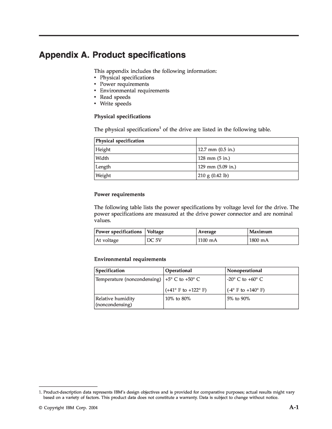 IBM 73P3315 Appendix A. Product specifications, Physical specifications, Power requirements, Environmental requirements 