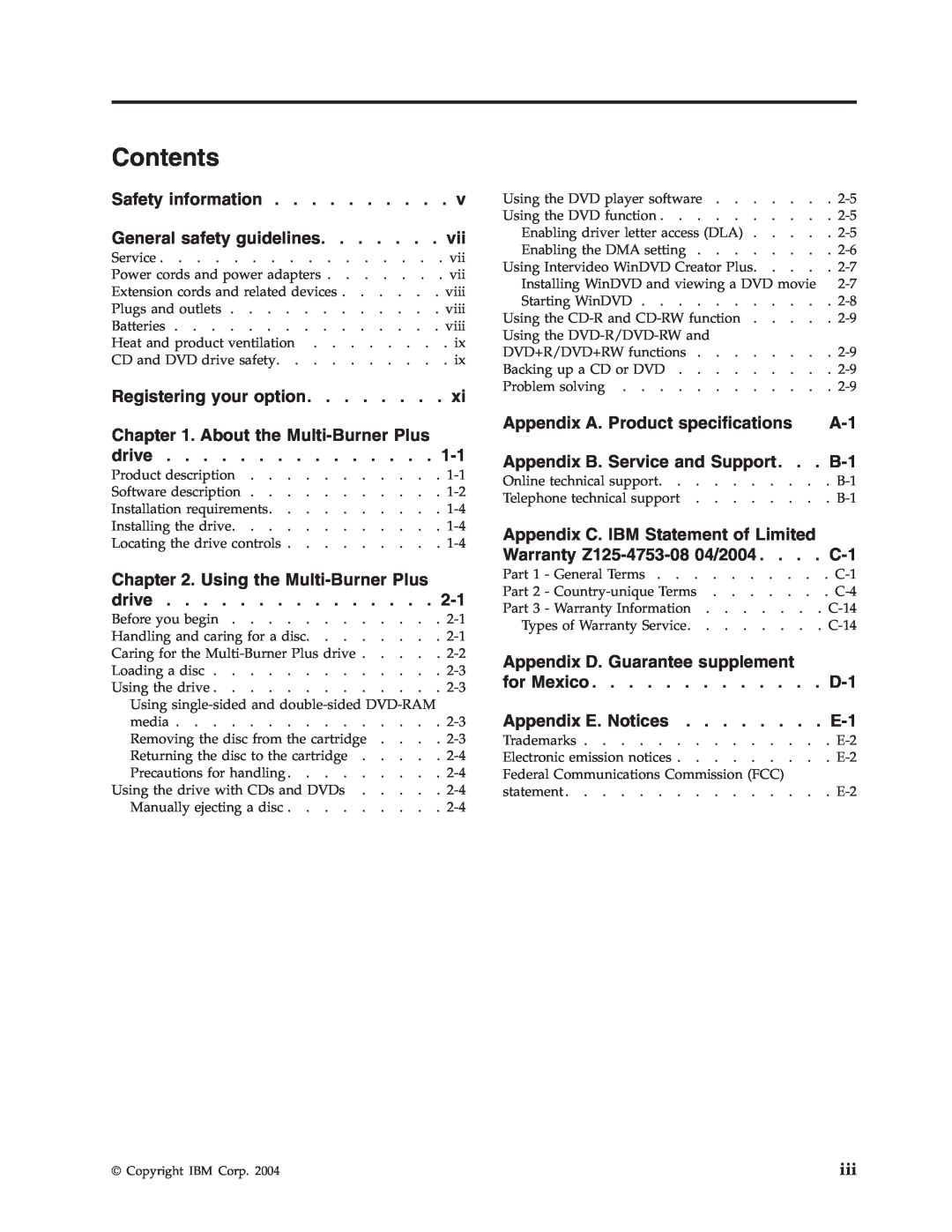 IBM 73P3315 manual Contents, Copyright IBM Corp 