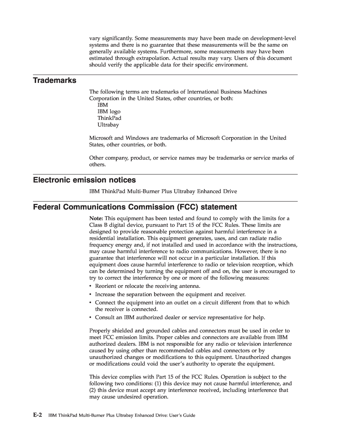 IBM 73P3315 manual Trademarks, Electronic emission notices, Federal Communications Commission FCC statement 