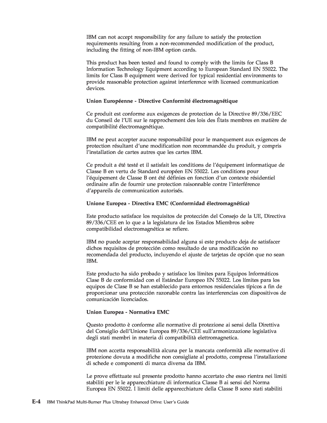 IBM 73P3315 manual Union Européenne - Directive Conformité électromagnétique, Union Europea - Normativa EMC 