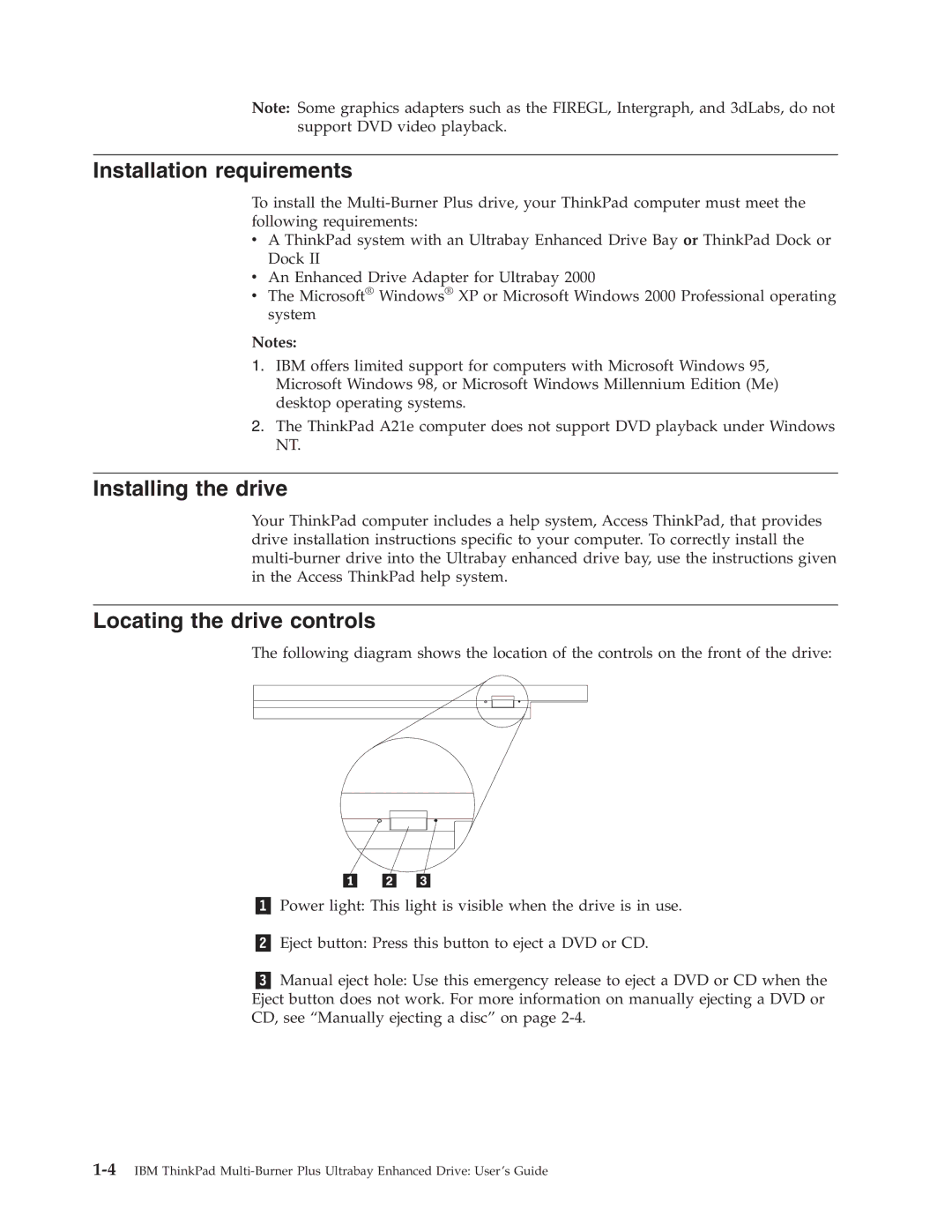 IBM 73P3315 manual Installation requirements, Installing the drive, Locating the drive controls 