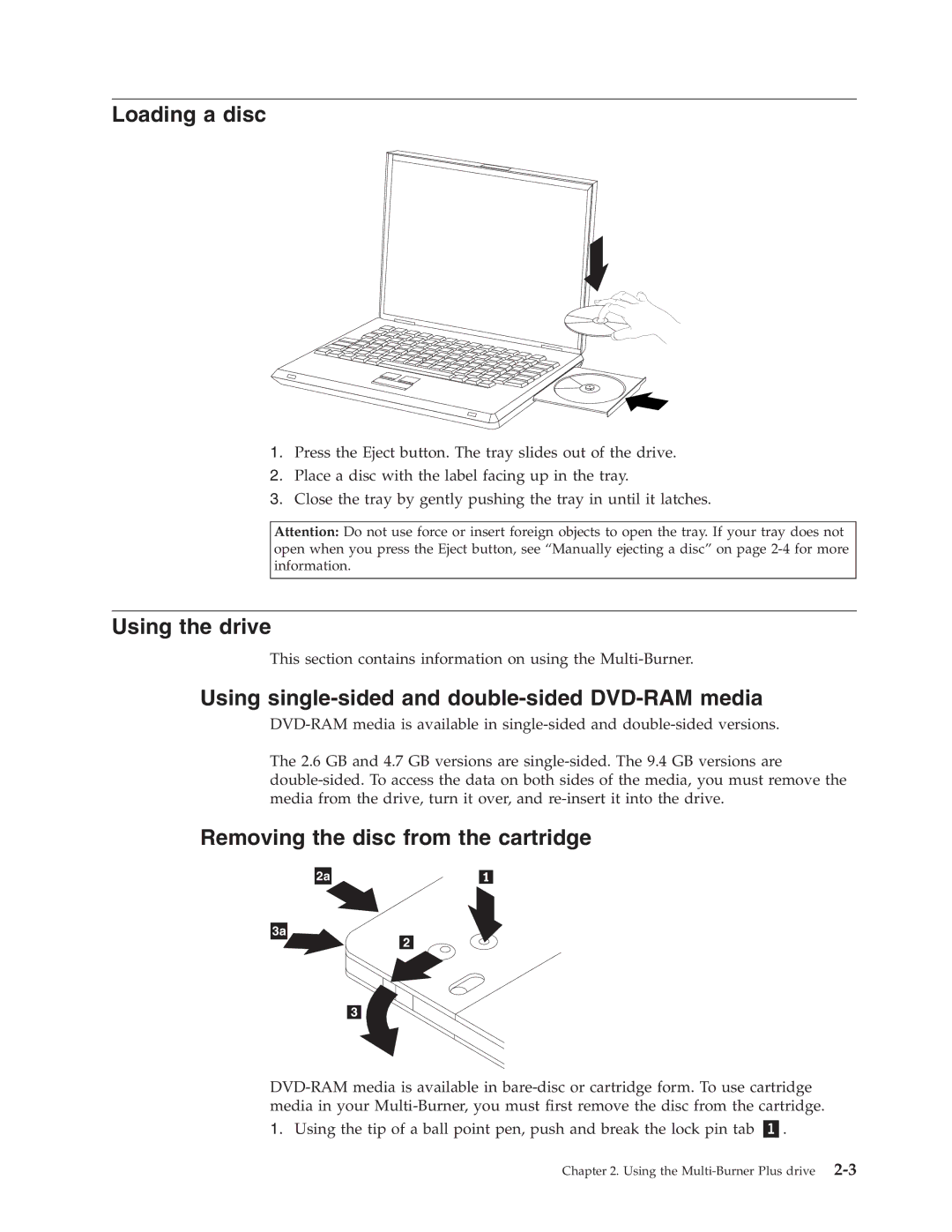 IBM 73P3315 manual Loading a disc, Using the drive, Using single-sided and double-sided DVD-RAM media 