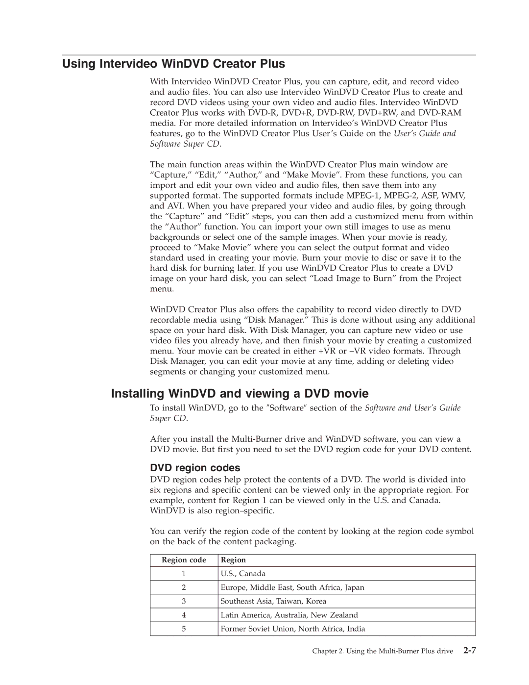 IBM 73P3315 manual Using Intervideo WinDVD Creator Plus, Installing WinDVD and viewing a DVD movie, Region code 