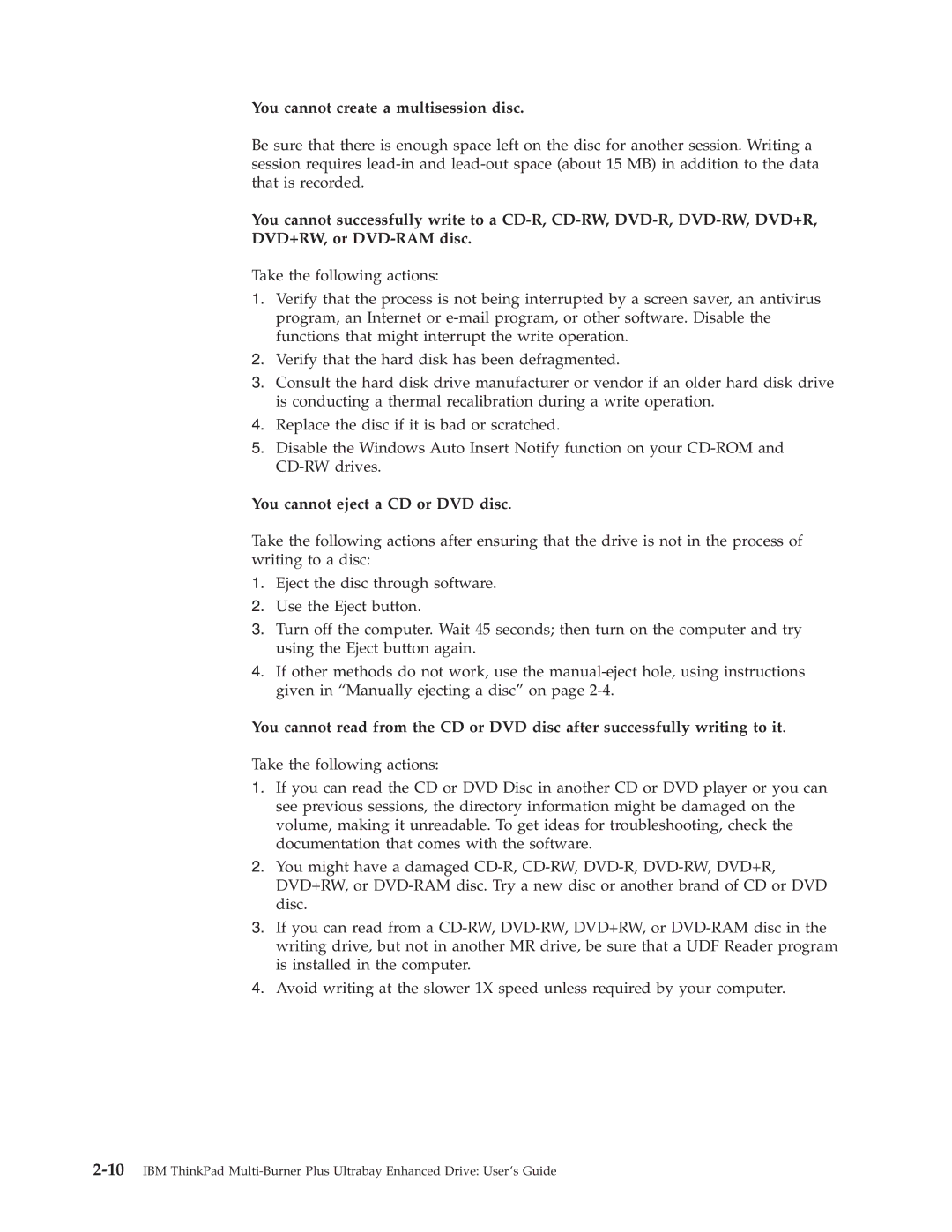 IBM 73P3315 manual You cannot create a multisession disc, You cannot eject a CD or DVD disc 