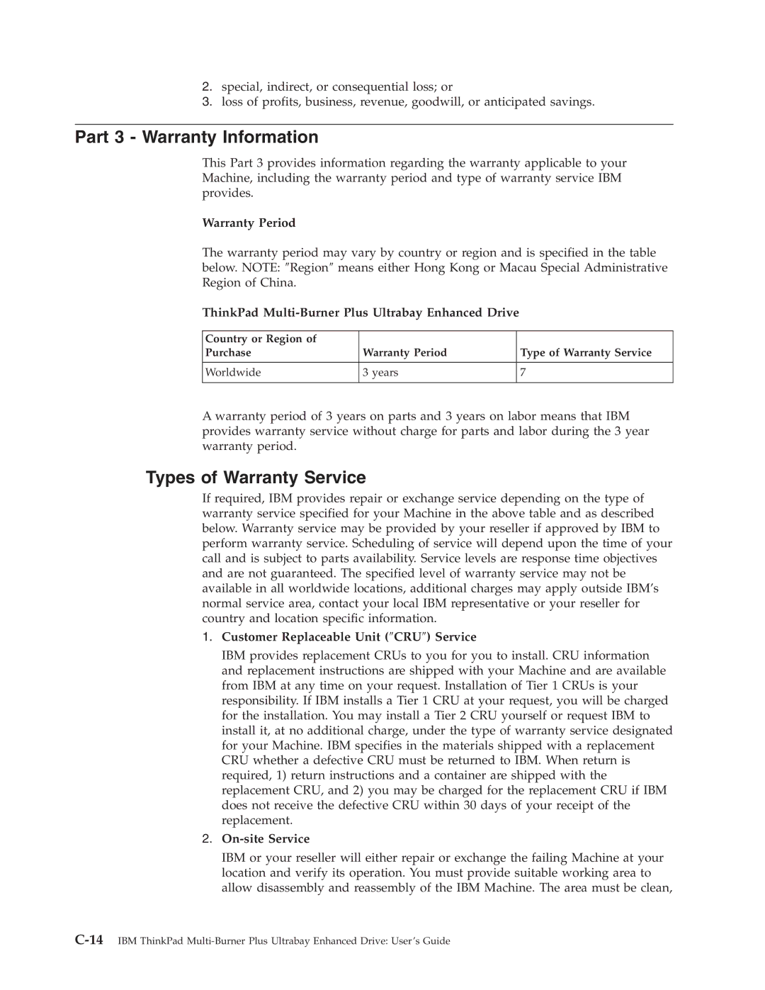 IBM 73P3315 manual Part 3 Warranty Information, Types of Warranty Service 