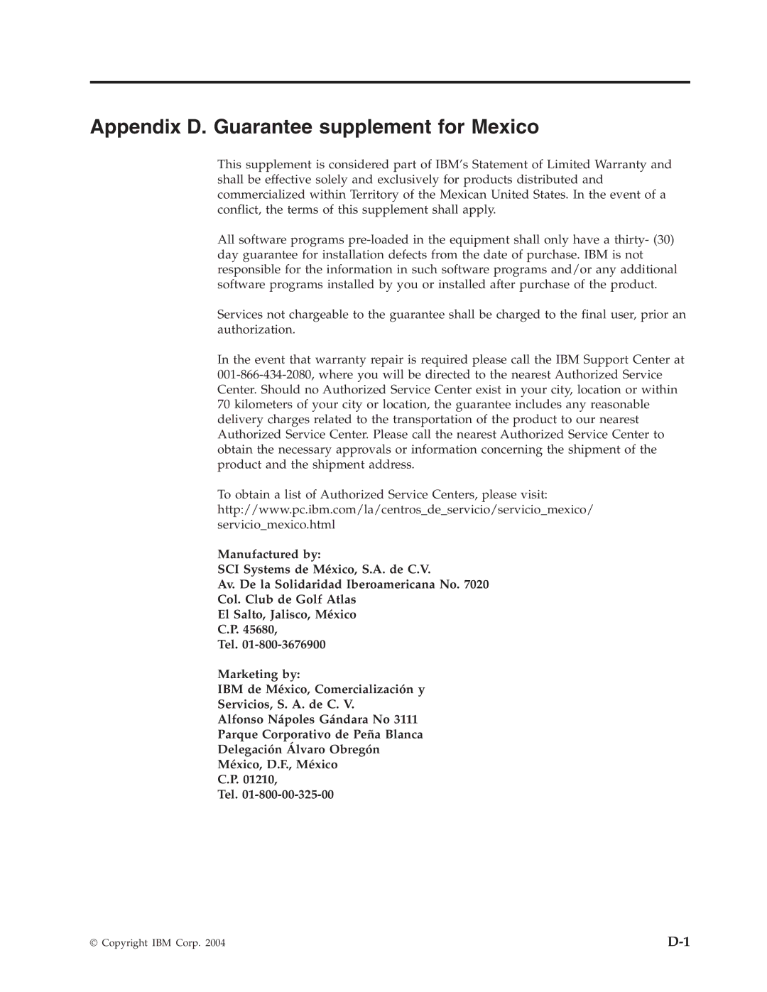 IBM 73P3315 manual Appendix D. Guarantee supplement for Mexico 