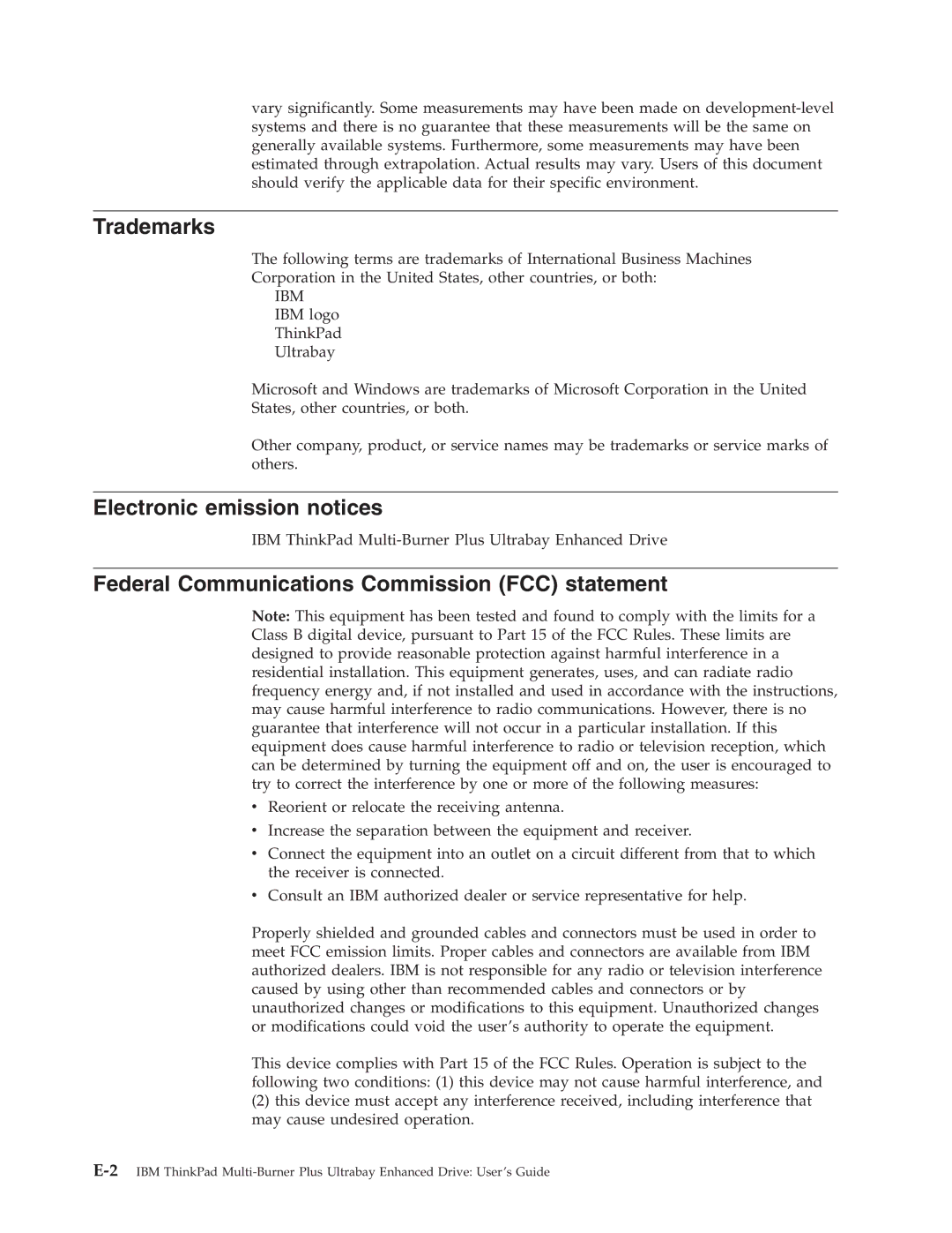 IBM 73P3315 manual Trademarks, Electronic emission notices, Federal Communications Commission FCC statement 