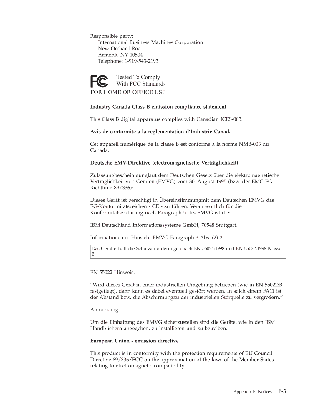 IBM 73P3315 manual Industry Canada Class B emission compliance statement, European Union emission directive 