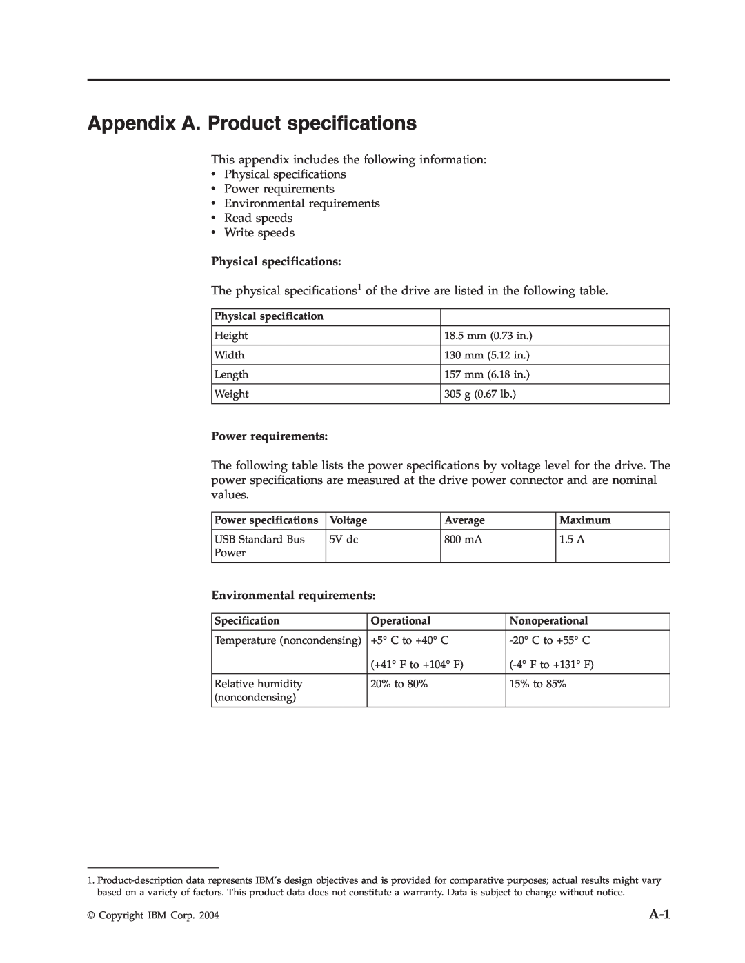 IBM 73P4518 Appendix A. Product specifications, Physical specifications, Power requirements, Environmental requirements 