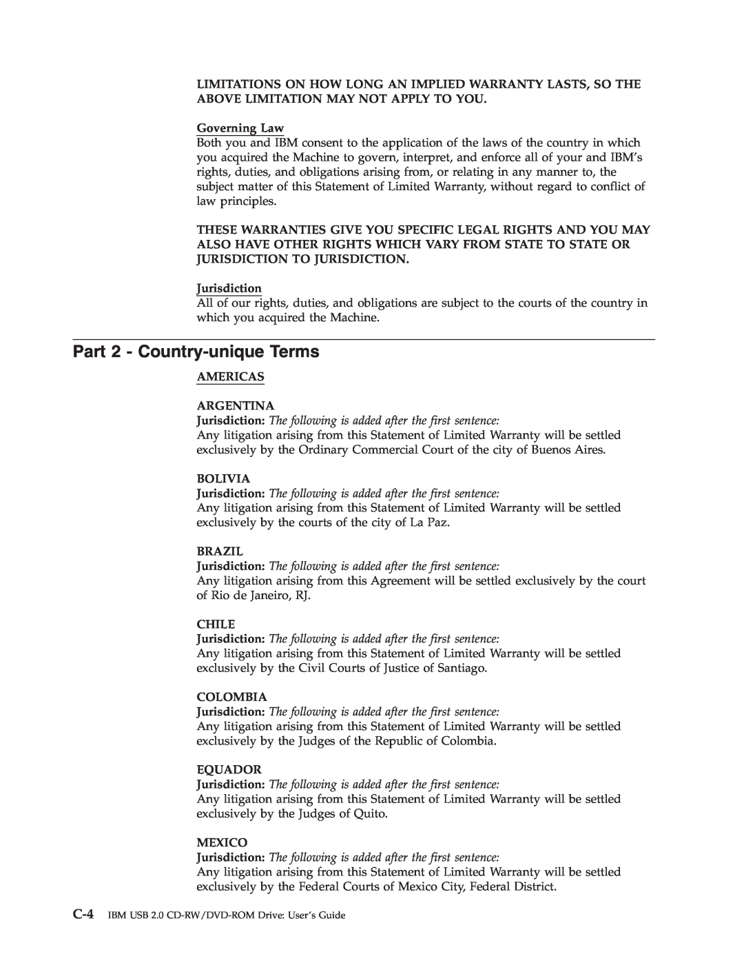 IBM 73P4518 Part 2 - Country-unique Terms, Governing Law, Jurisdiction, Americas Argentina, Bolivia, Brazil, Chile, Mexico 