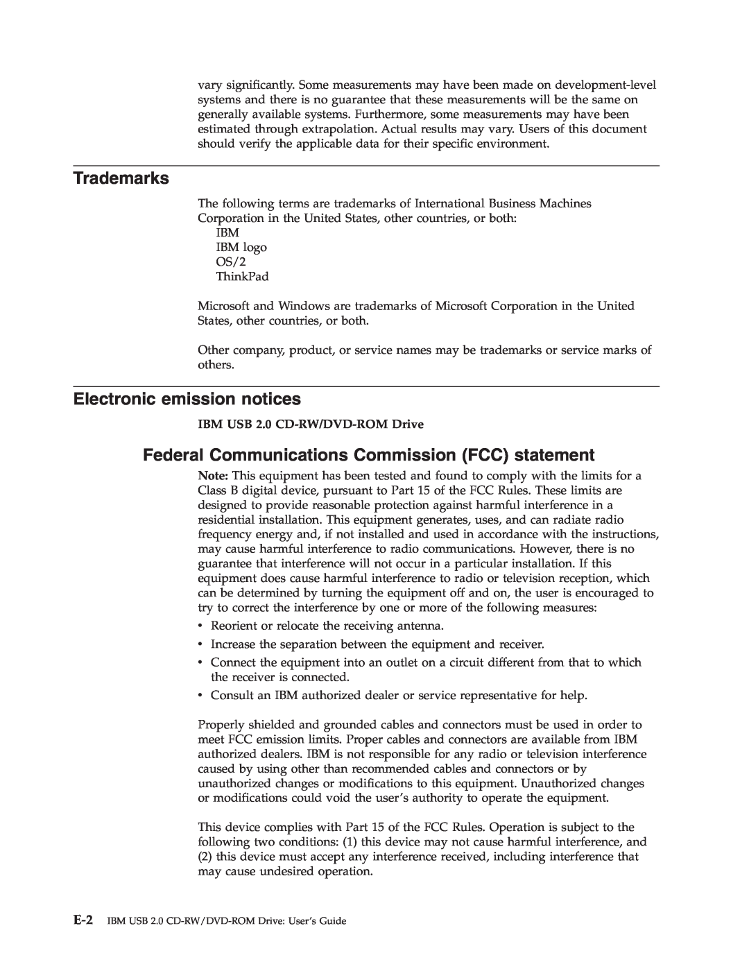 IBM 73P4518 manual Trademarks, Electronic emission notices, Federal Communications Commission FCC statement 