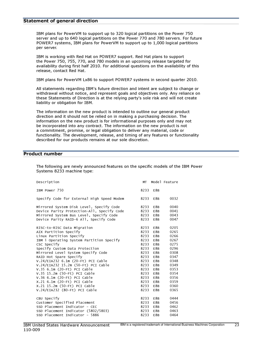 IBM 750 manual Statement of general direction, Product number 