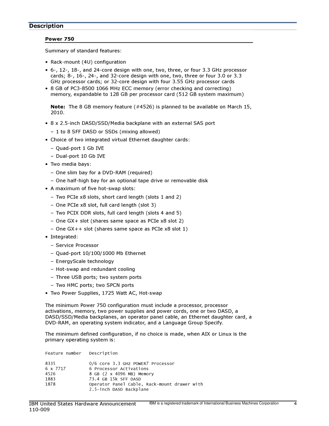 IBM 750 manual Description 