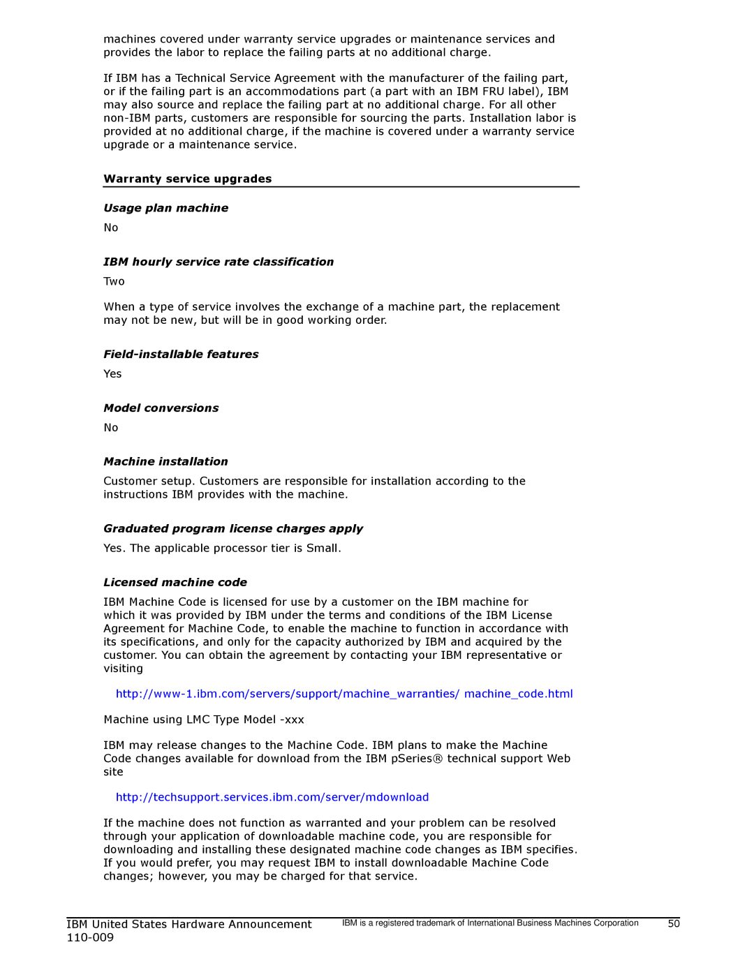 IBM 750 manual Usage plan machine IBM hourly service rate classification, Field-installable features, Licensed machine code 