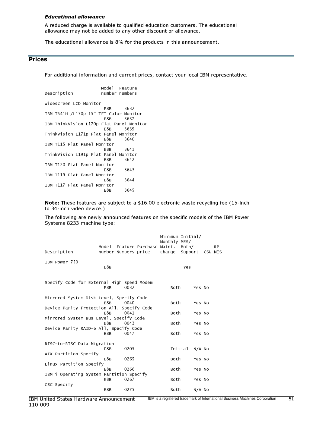 IBM 750 manual Prices, Educational allowance 