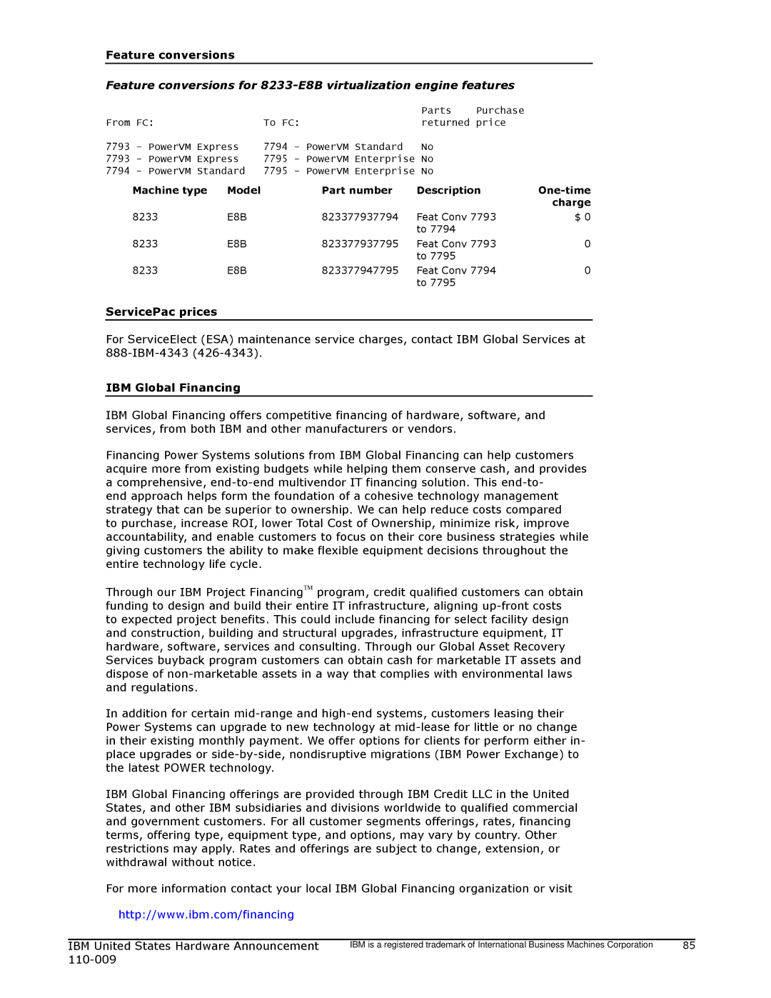 IBM 750 manual Feature conversions, 110-009 