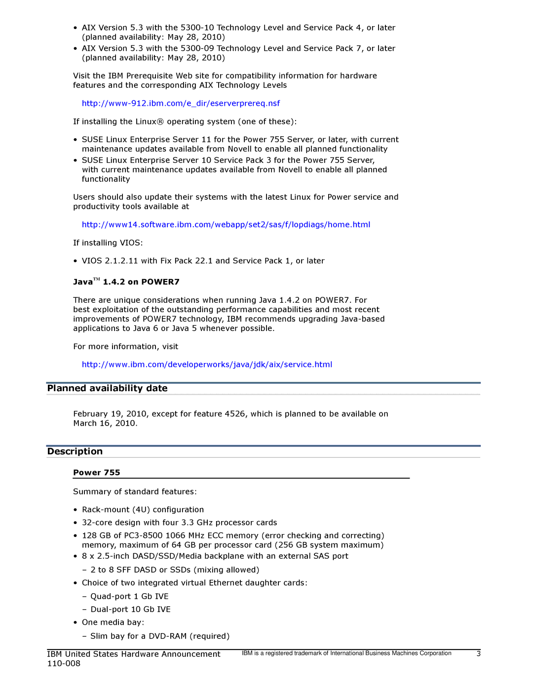 IBM 755 manual Planned availability date, Description, For more information, visit 