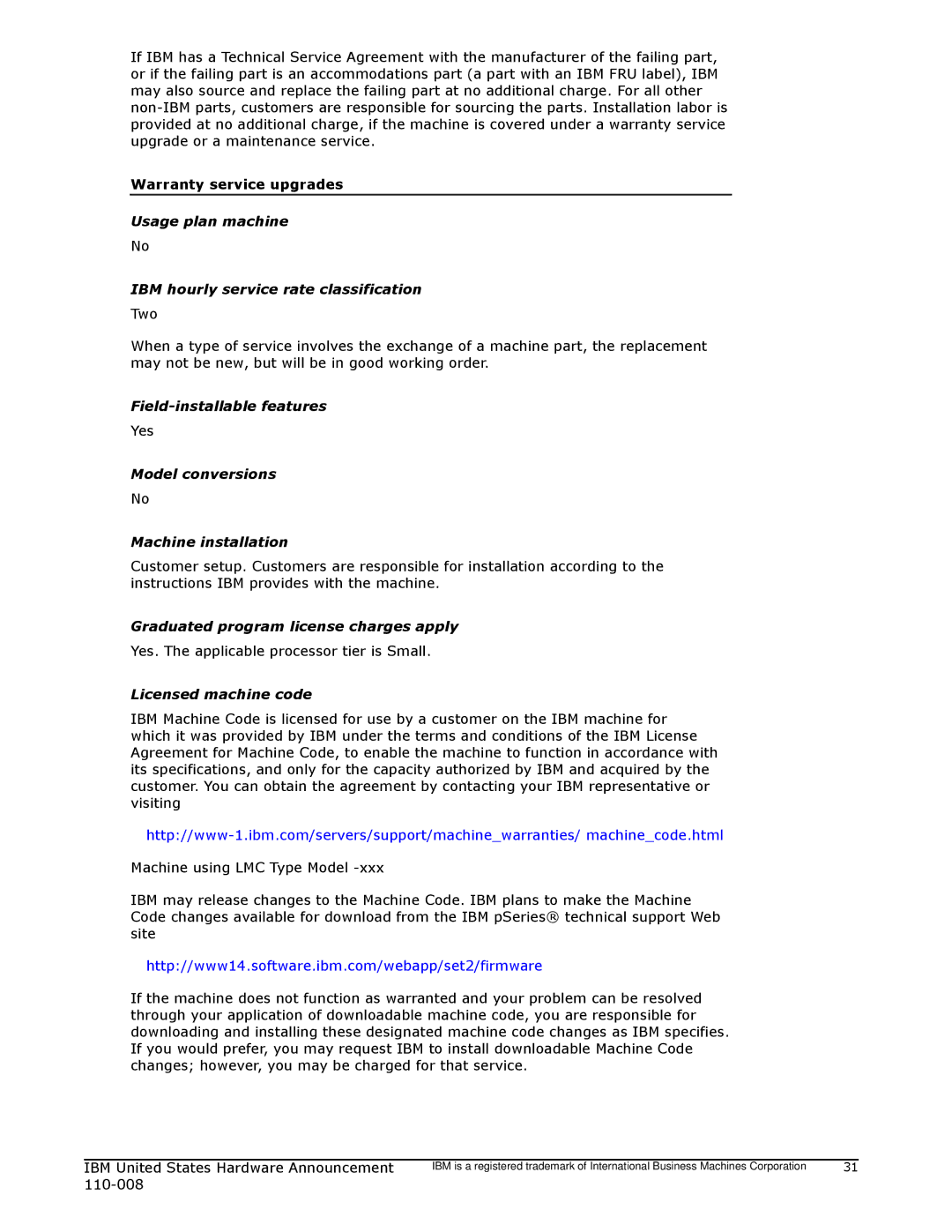 IBM 755 manual Usage plan machine IBM hourly service rate classification, Field-installable features, Licensed machine code 