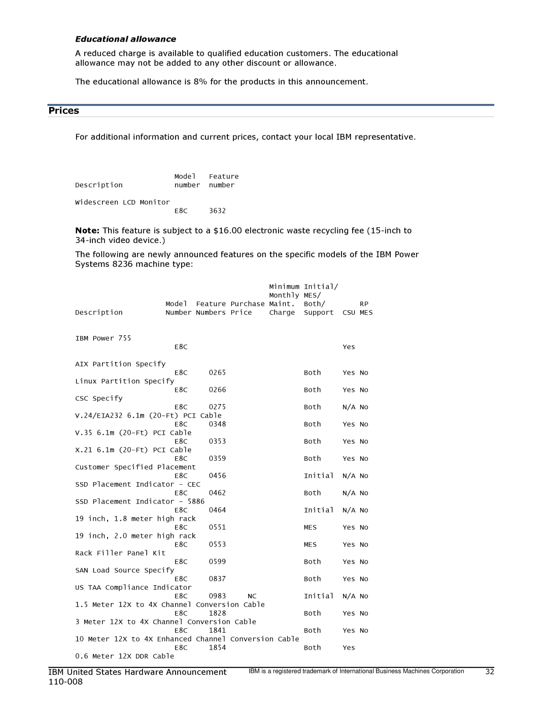 IBM 755 manual Prices, Educational allowance 