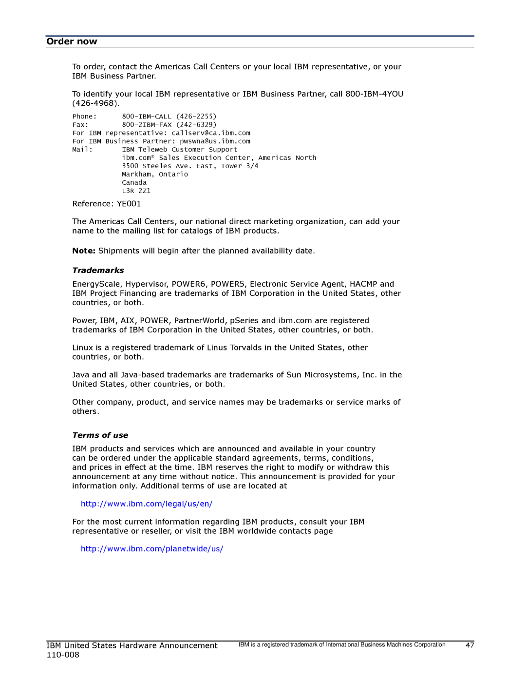 IBM 755 manual Order now, Trademarks, Terms of use 