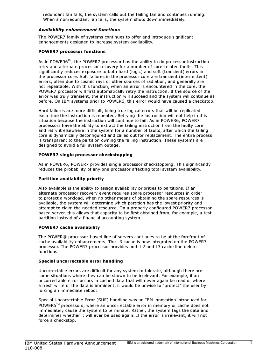 IBM 755 manual Availability enhancement functions, POWER7 processor functions, POWER7 single processor checkstopping 