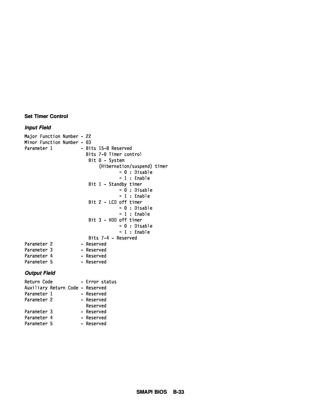 IBM 770 manual Set Timer Control, SMAPI BIOS B-33, Input Field, Output Field 